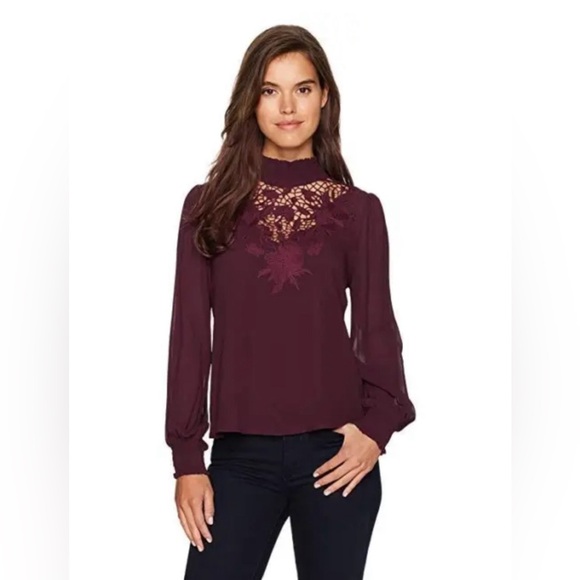Astr Tops - ASTR THE LABEL Women's Claire Embroidered Woven‎ Blouse Wine Color Sz M Long Sl